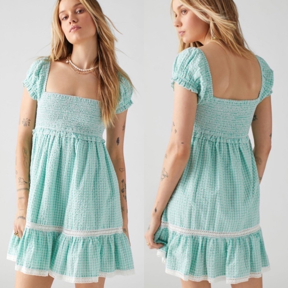 NWT Urban Outfitters Marseille Smocked Ruffle Gingham Puff Sleeve Dress